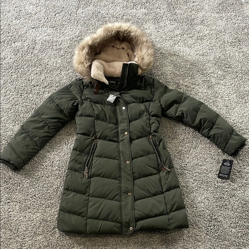 NEW!‎ OLIVE GREEN RALPH LAUREN COAT. SIZE PXS. WOMEN’S. (DETACHABLE HOOD).